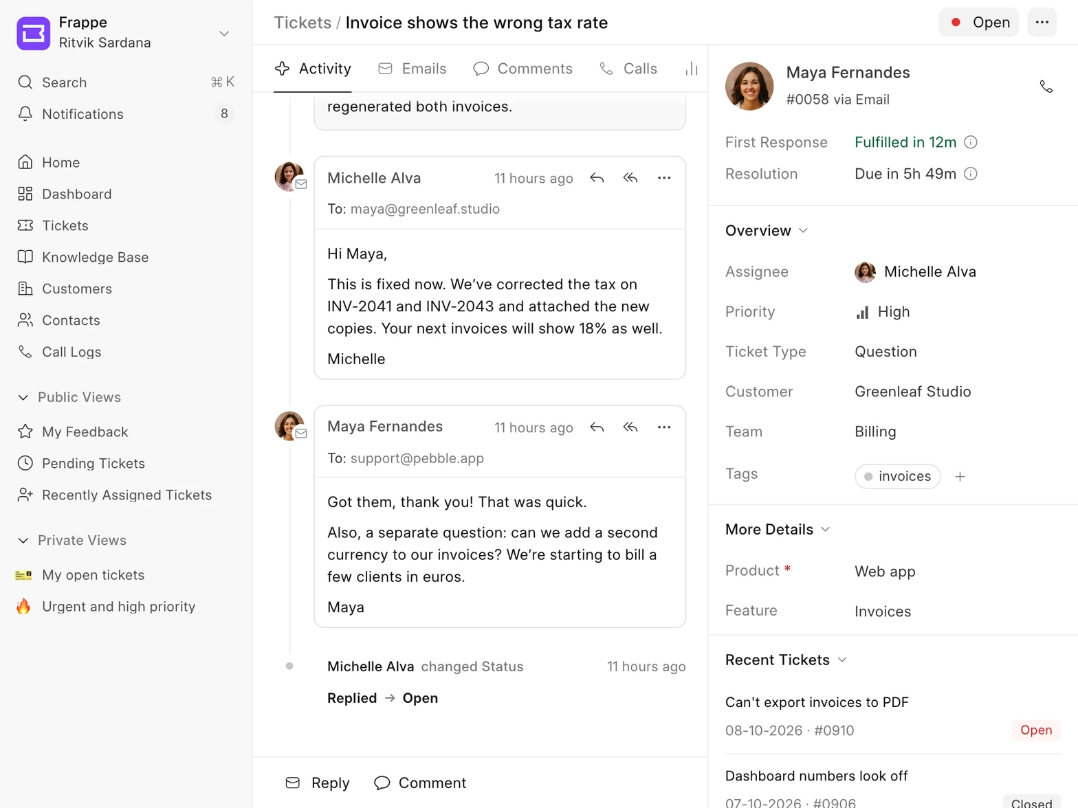 A ticket in Frappe Helpdesk with the contact, their customer and their recent tickets in the sidebar