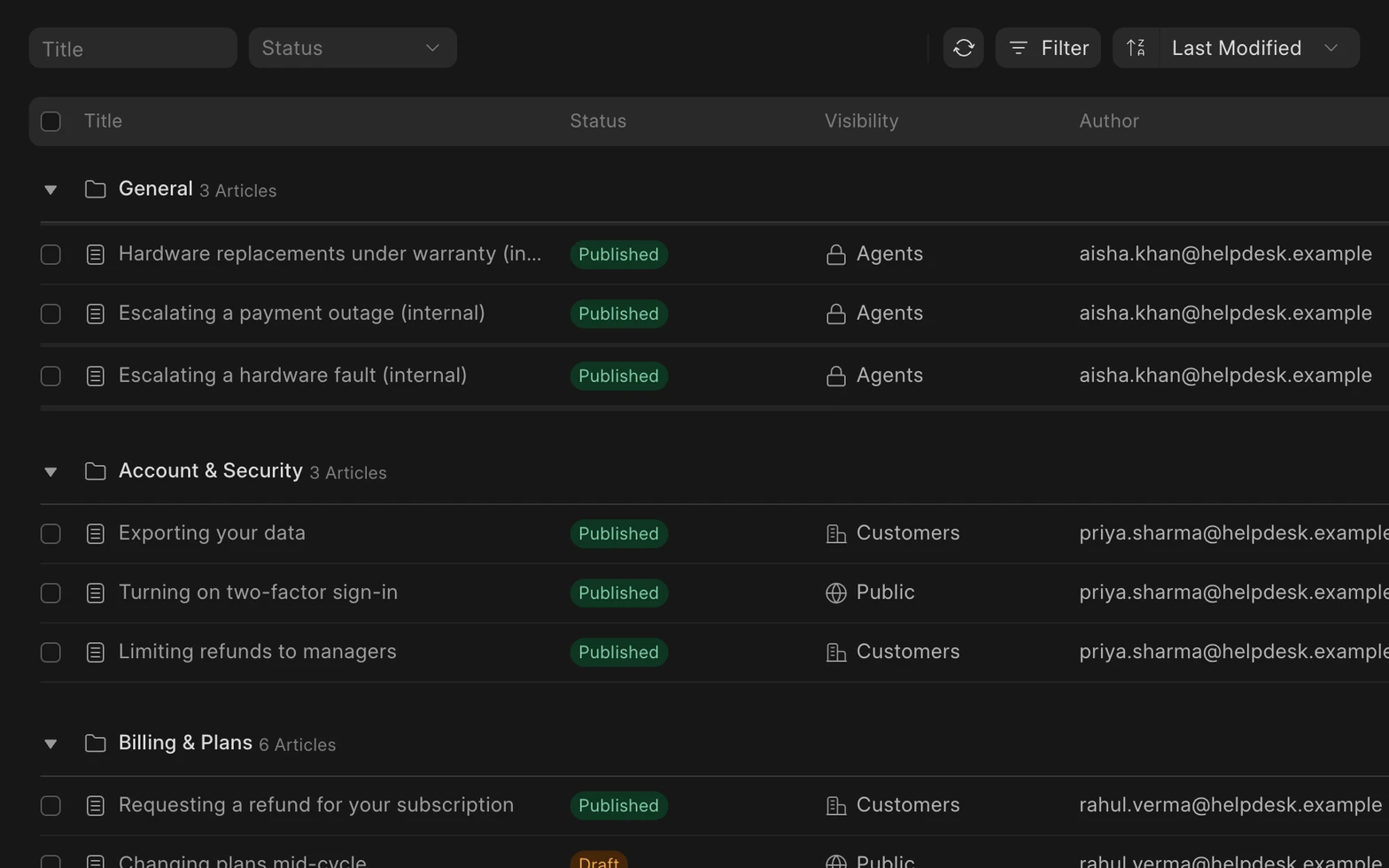 Knowledge base articles in Frappe Helpdesk with their visibility: Agents, Customers or Public