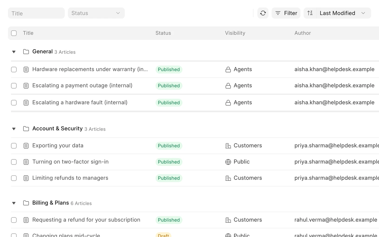 Knowledge base articles in Frappe Helpdesk with their visibility: Agents, Customers or Public