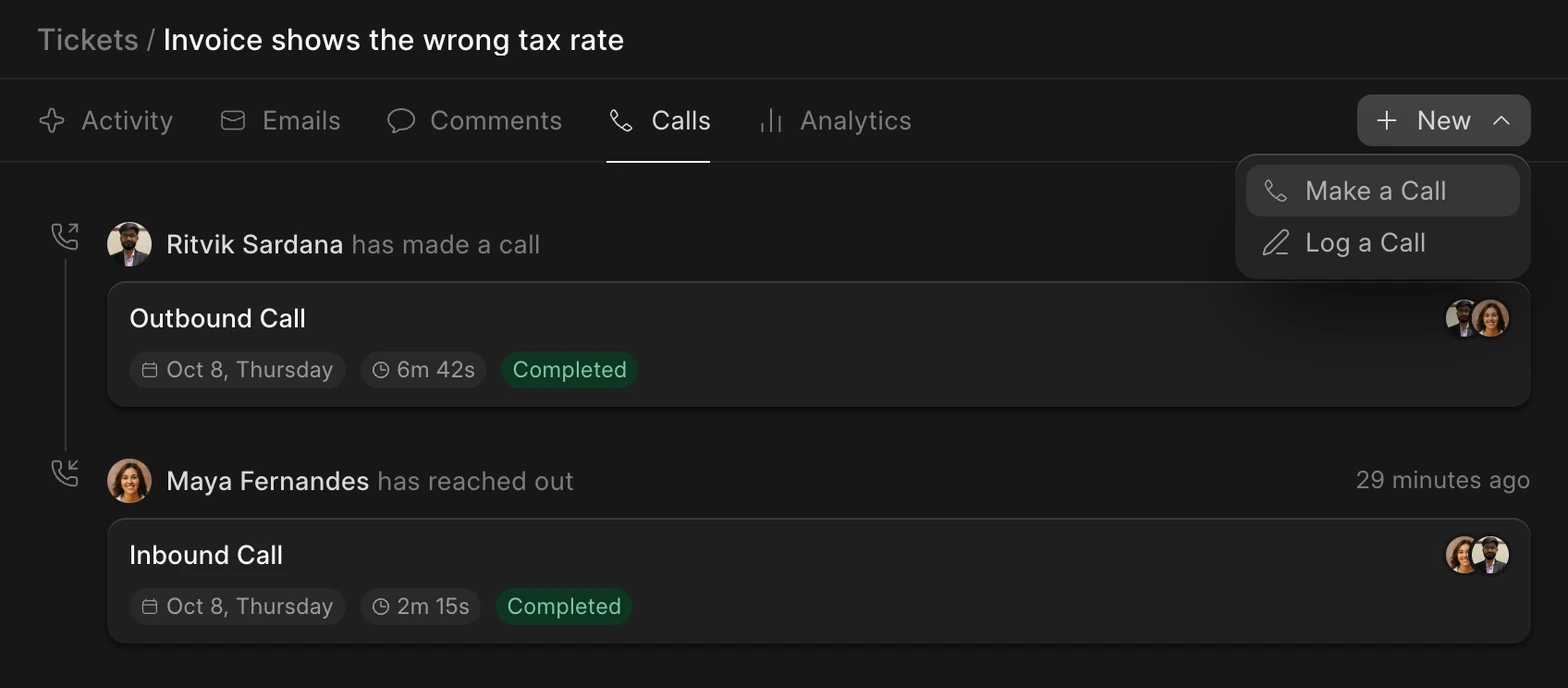Calls tab on a Frappe Helpdesk ticket, with the options to make a call or log a call
