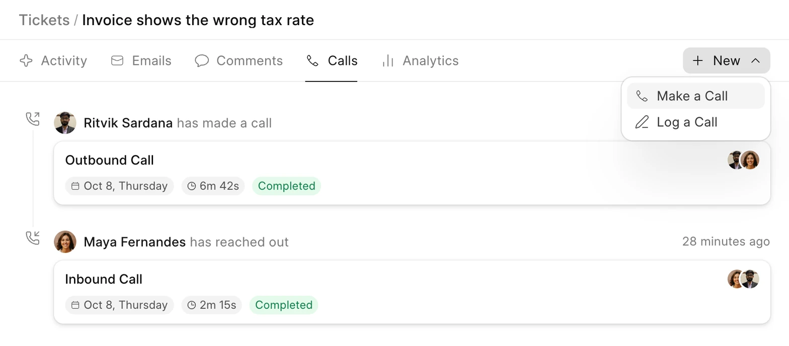 Calls tab on a Frappe Helpdesk ticket, with the options to make a call or log a call