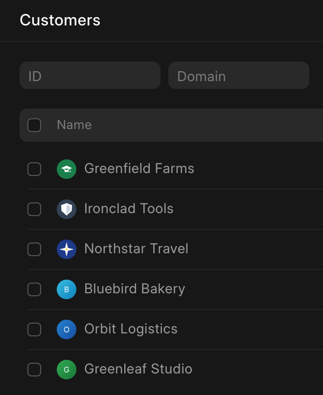 Customers list in Frappe Helpdesk: Greenfield Farms, Ironclad Tools, Northstar Travel, Bluebird Bakery, Orbit Logistics, Greenleaf Studio