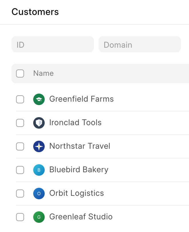 Customers list in Frappe Helpdesk: Greenfield Farms, Ironclad Tools, Northstar Travel, Bluebird Bakery, Orbit Logistics, Greenleaf Studio