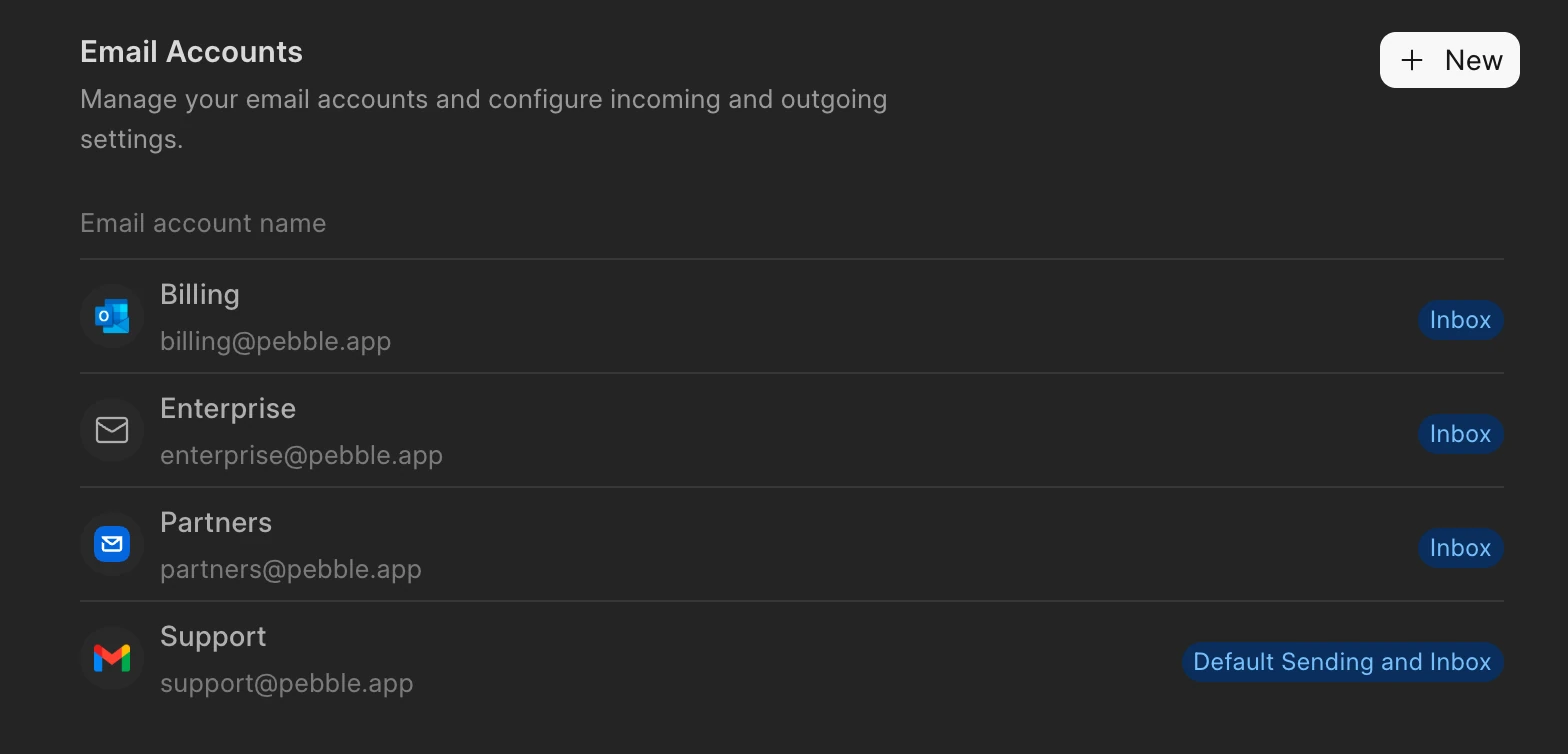 Email accounts connected to Frappe Helpdesk: Gmail, Outlook, Frappe Mail and a custom mail server