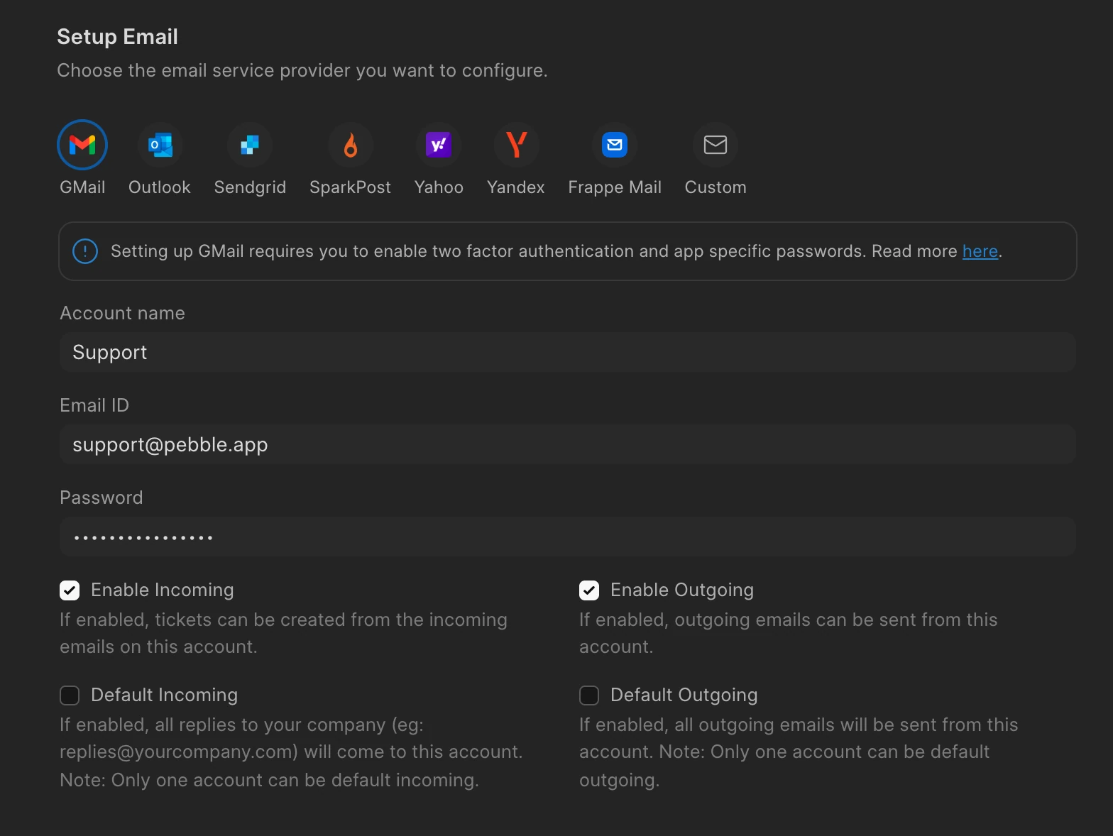 Adding a Gmail account in Frappe Helpdesk, with incoming and outgoing emails turned on