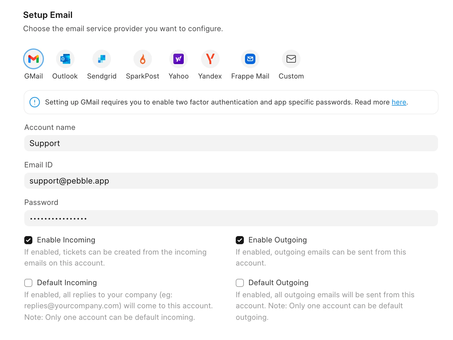 Adding a Gmail account in Frappe Helpdesk, with incoming and outgoing emails turned on
