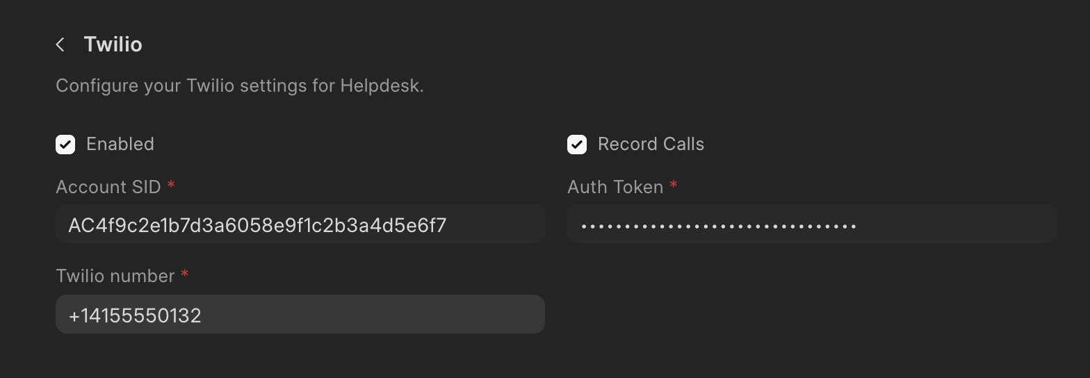 Twilio settings in Frappe Helpdesk with call recording turned on