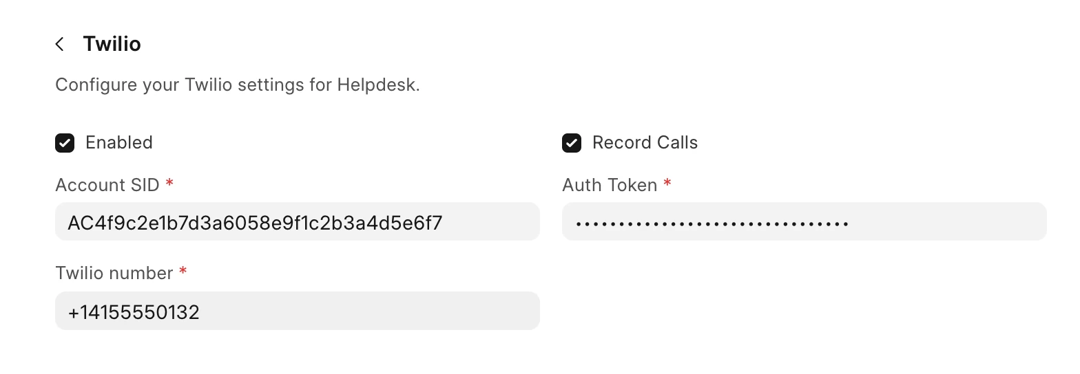 Twilio settings in Frappe Helpdesk with call recording turned on