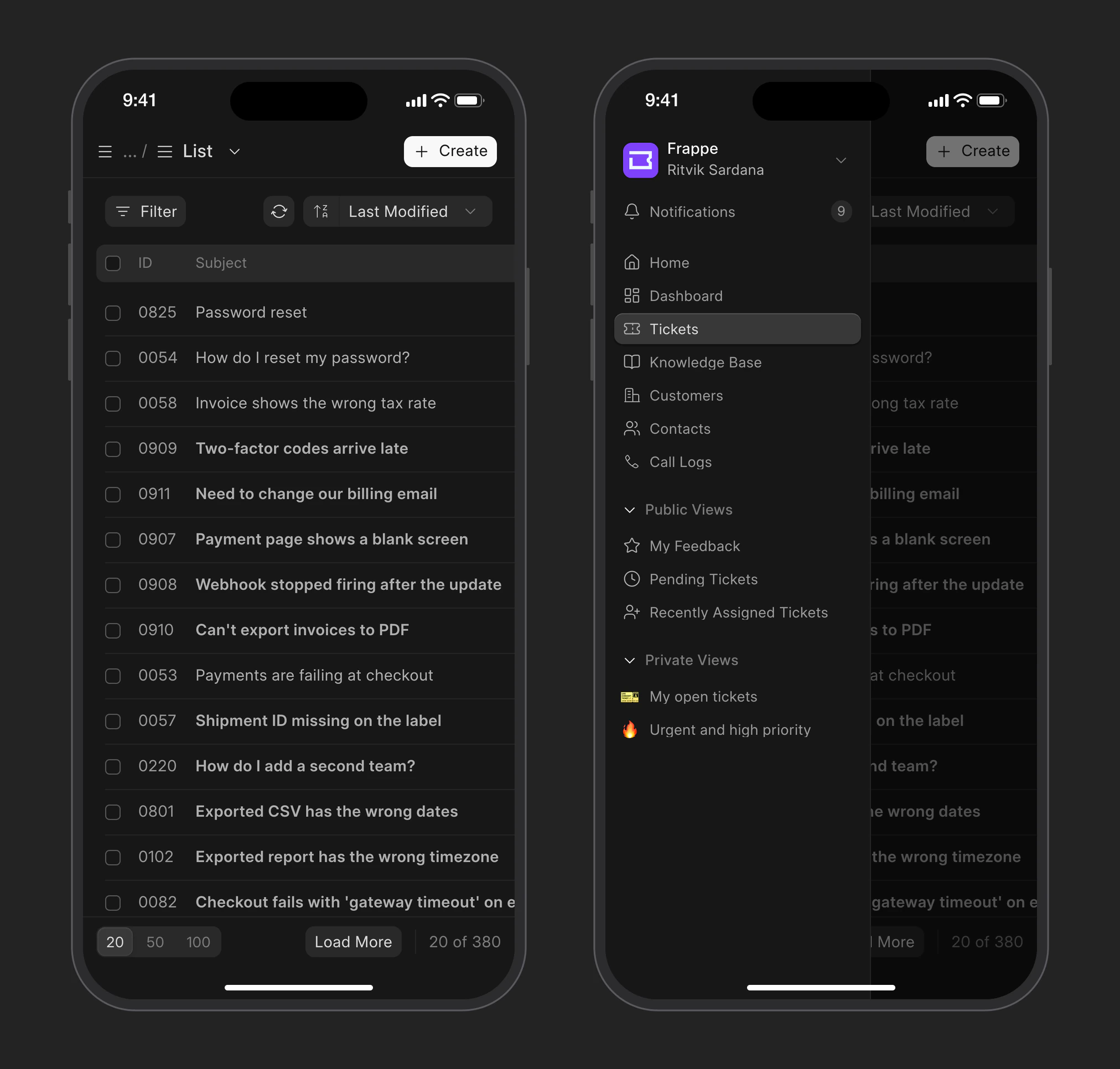Frappe Helpdesk on a phone: the ticket list and the menu