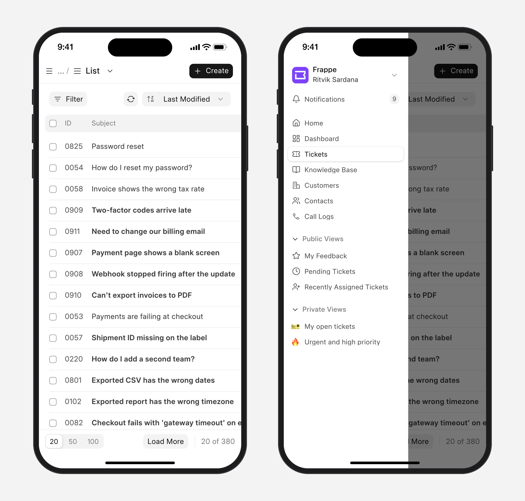 Frappe Helpdesk on a phone: the ticket list and the menu