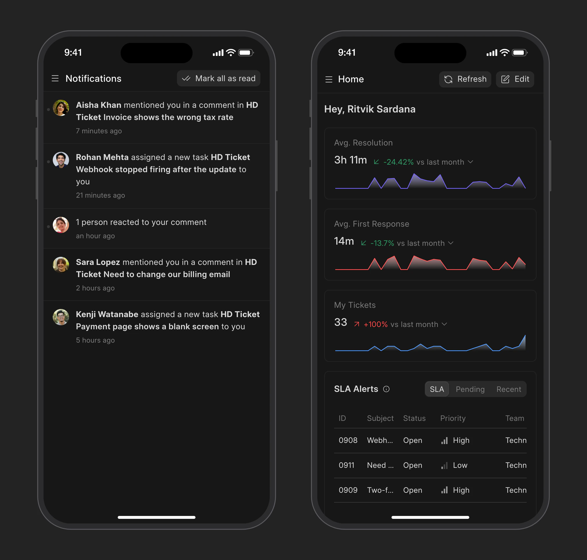 Notifications and the agent Home page in Frappe Helpdesk on a phone