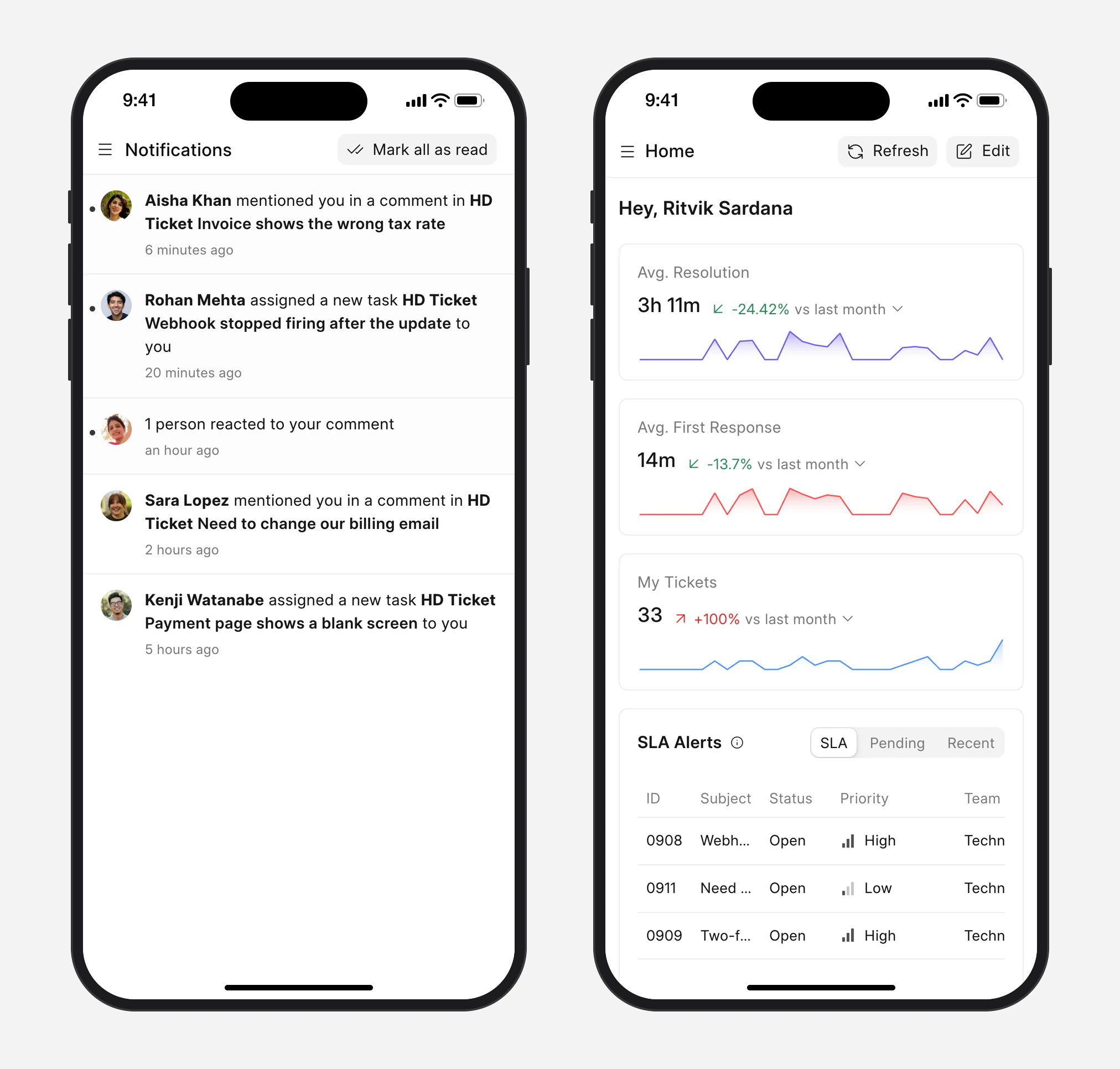 Notifications and the agent Home page in Frappe Helpdesk on a phone