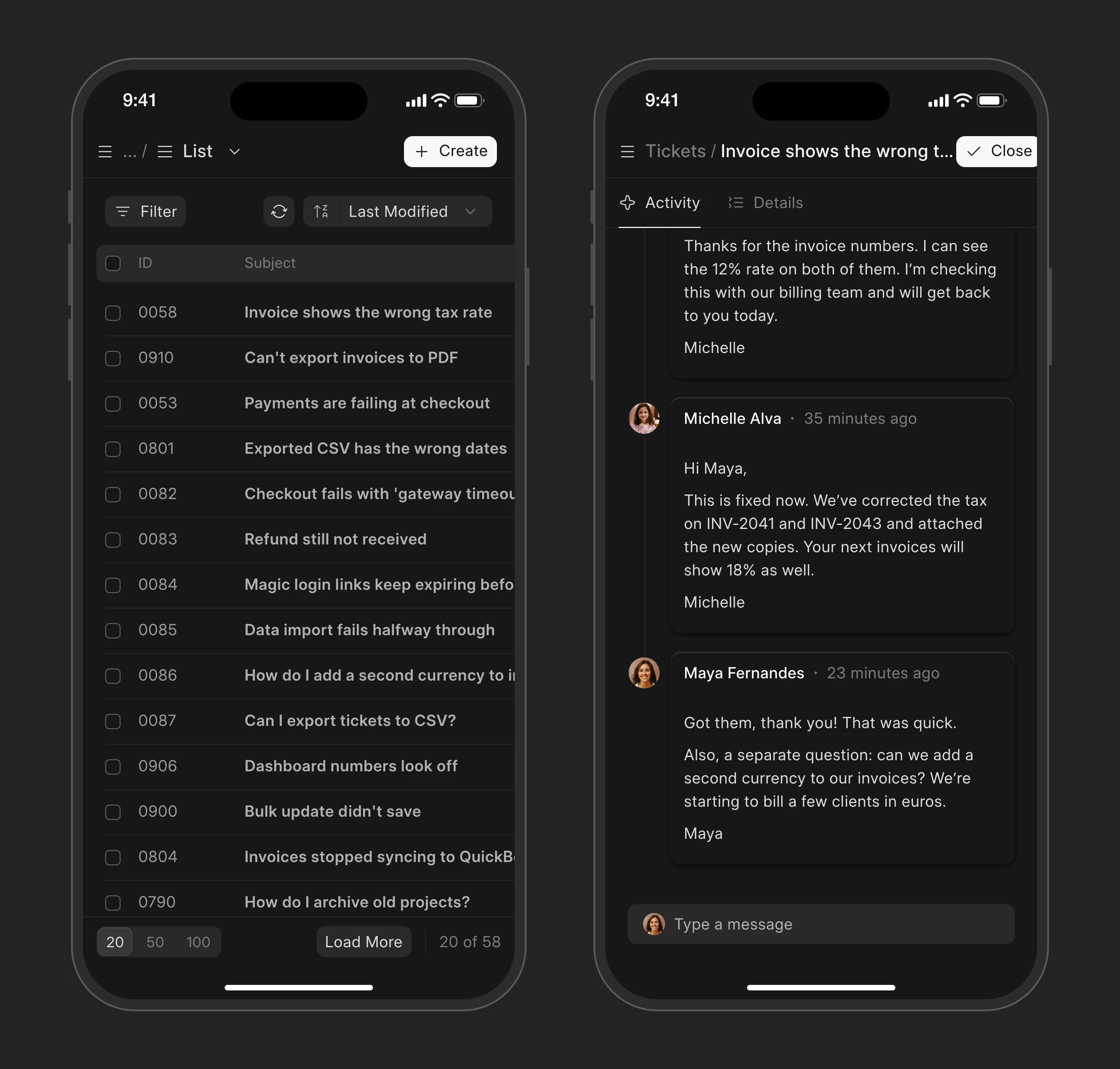 The Frappe Helpdesk customer portal on a phone: ticket list and a ticket conversation