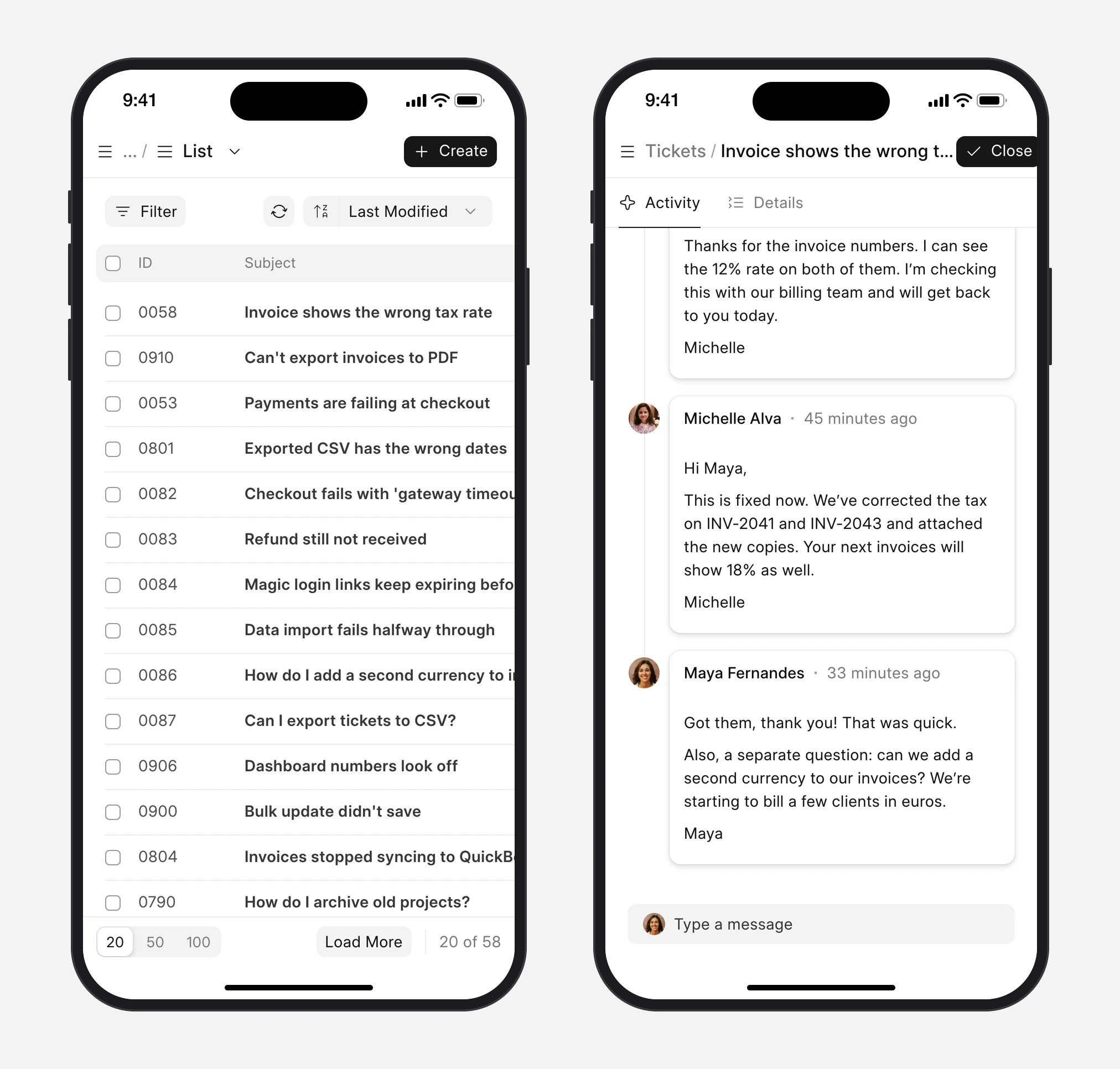 The Frappe Helpdesk customer portal on a phone: ticket list and a ticket conversation