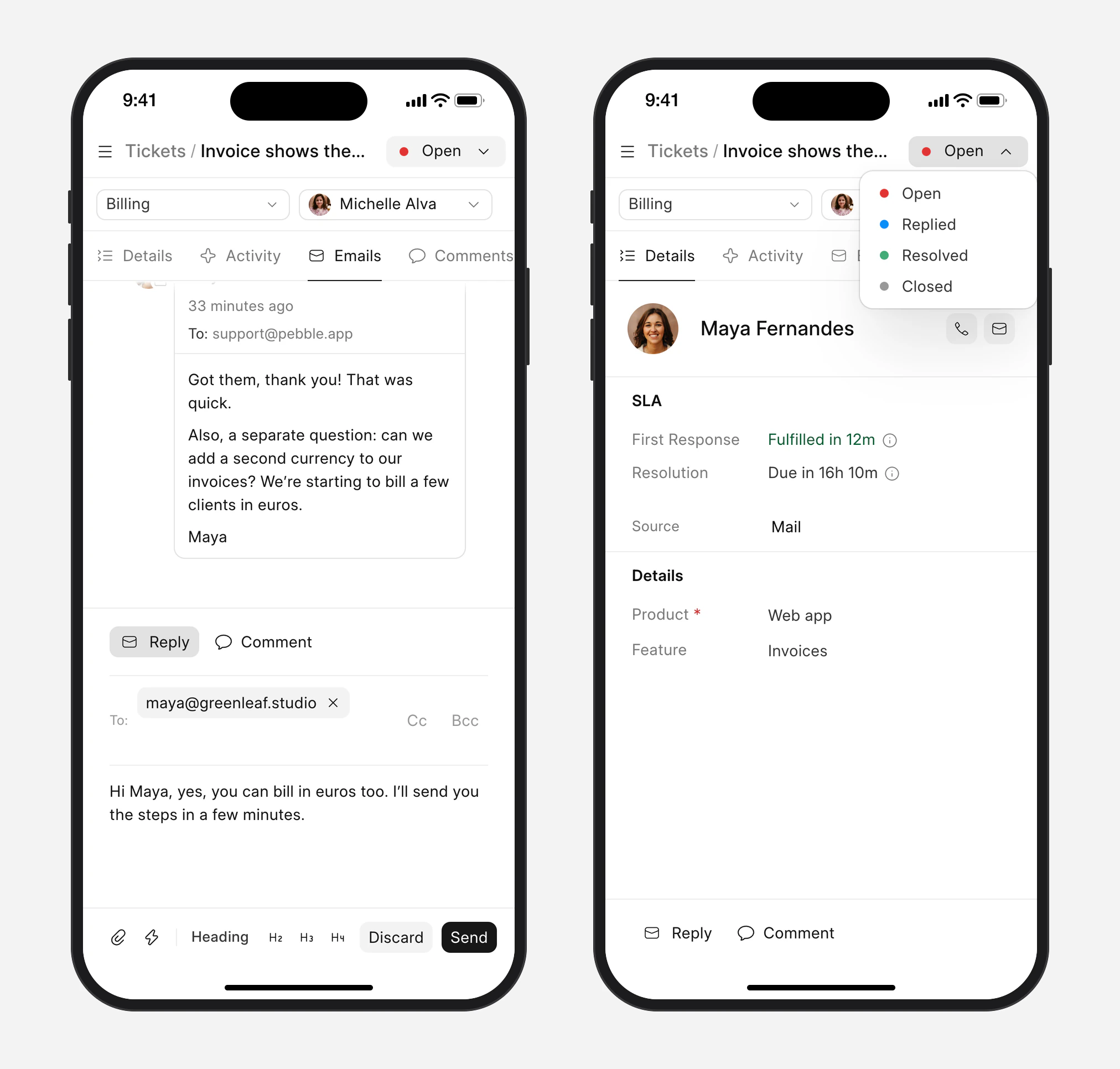 Replying to a customer and changing a ticket’s status in Frappe Helpdesk on a phone