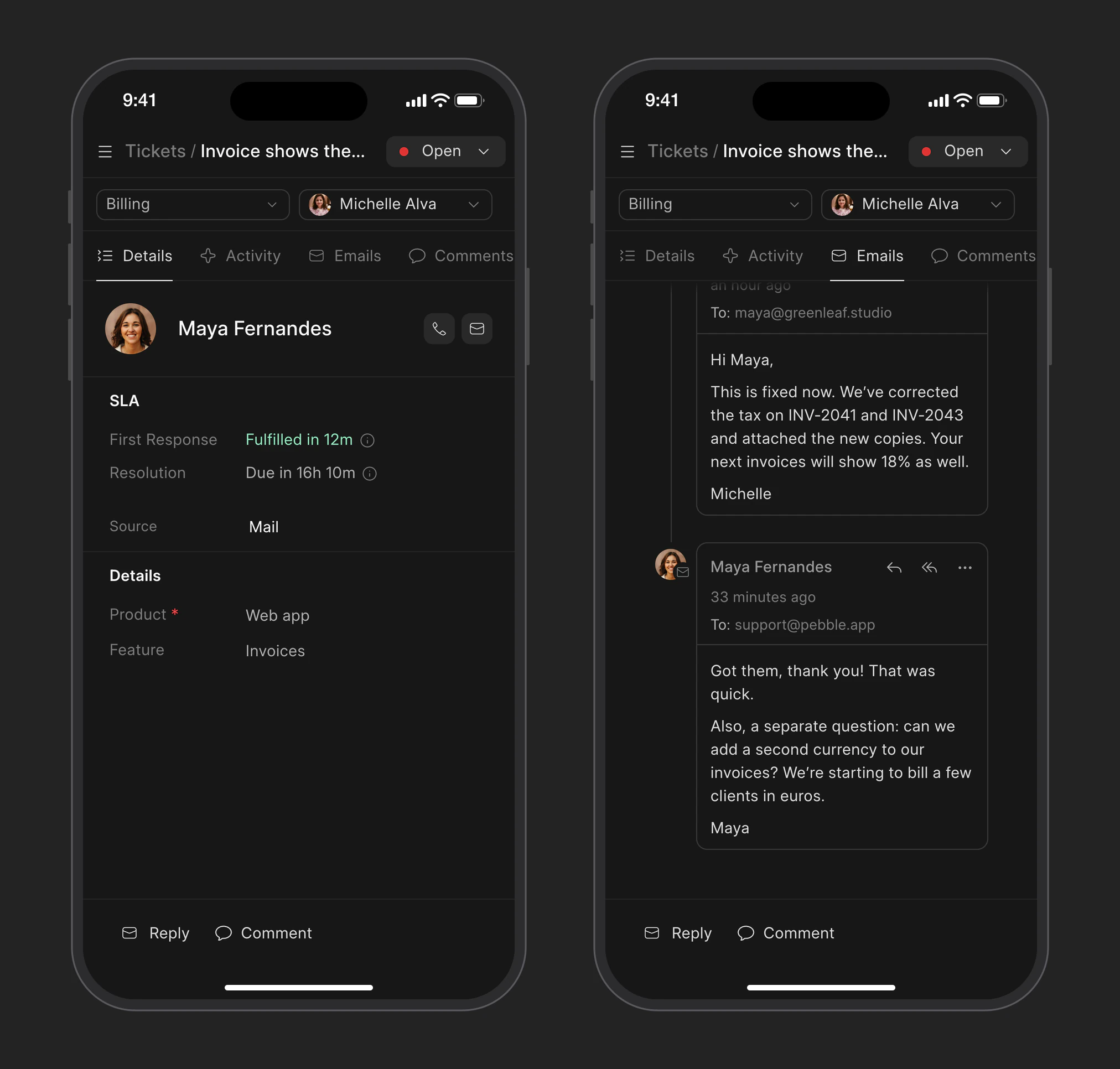 A ticket in Frappe Helpdesk on a phone: details with SLA, and the email conversation