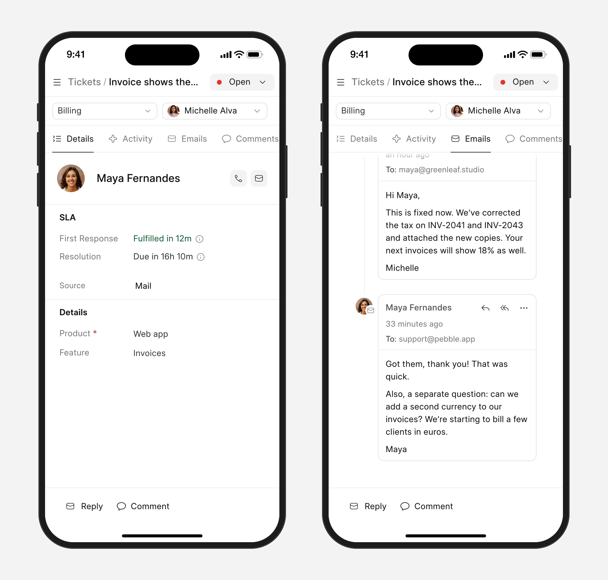 A ticket in Frappe Helpdesk on a phone: details with SLA, and the email conversation