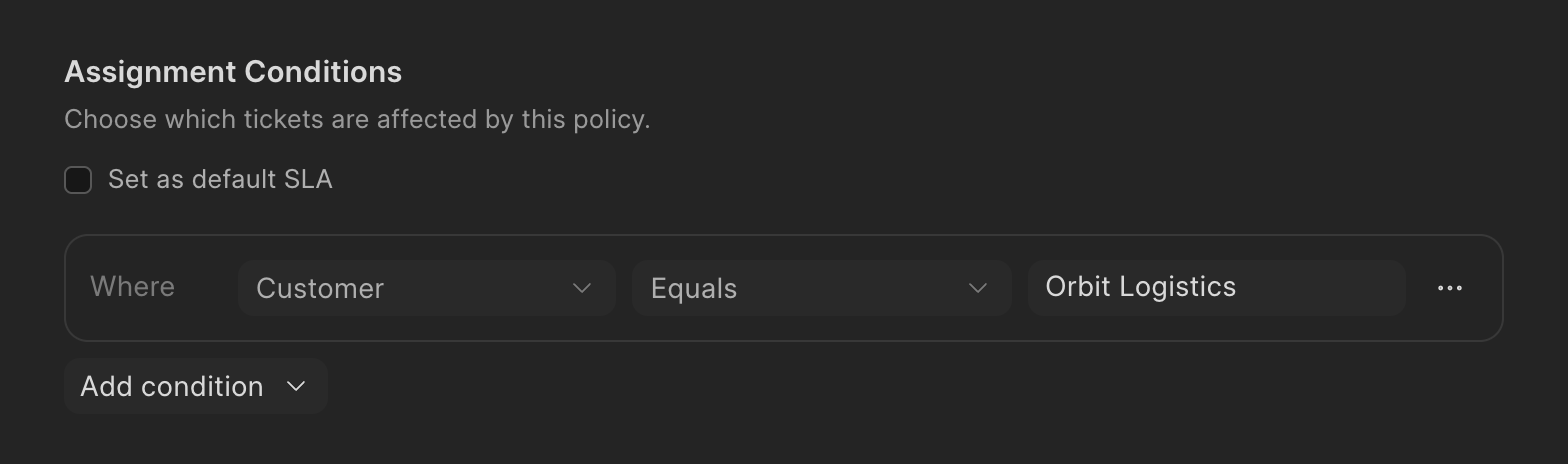 SLA policy condition in Frappe Helpdesk: applies when the customer matches