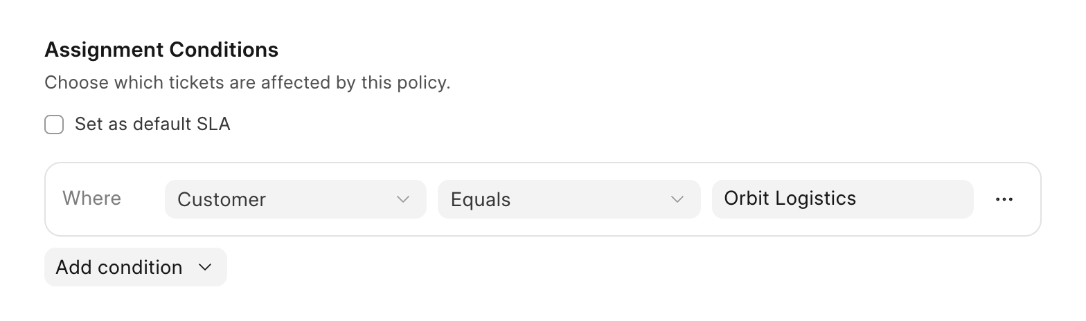 SLA policy condition in Frappe Helpdesk: applies when the customer matches