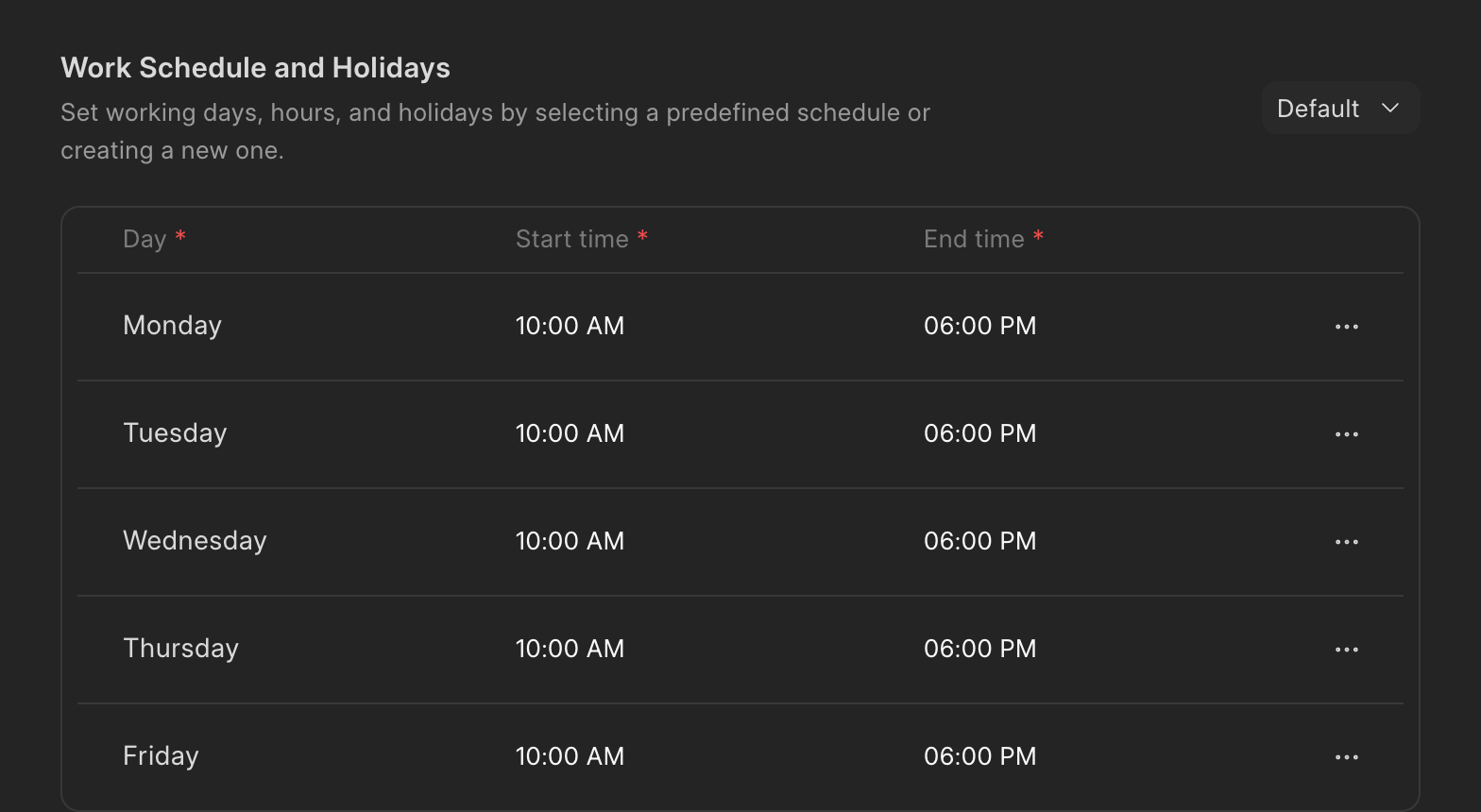 Work schedule in Frappe Helpdesk: Monday to Friday, 10 AM to 6 PM