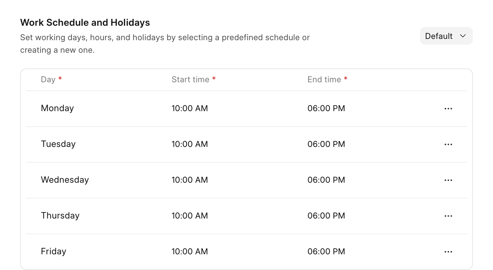 Work schedule in Frappe Helpdesk: Monday to Friday, 10 AM to 6 PM