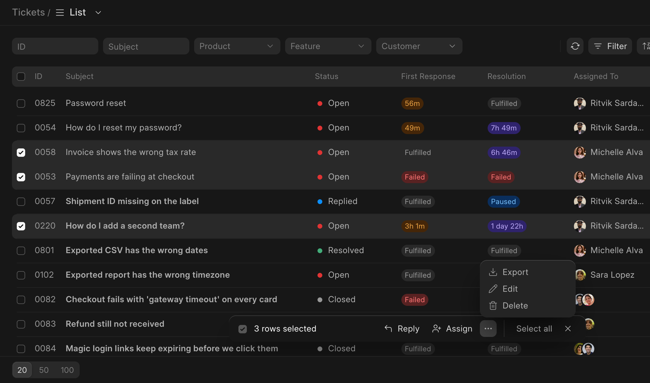 Three tickets selected in the Frappe Helpdesk ticket list, with Reply, Assign, Export, Edit and Delete