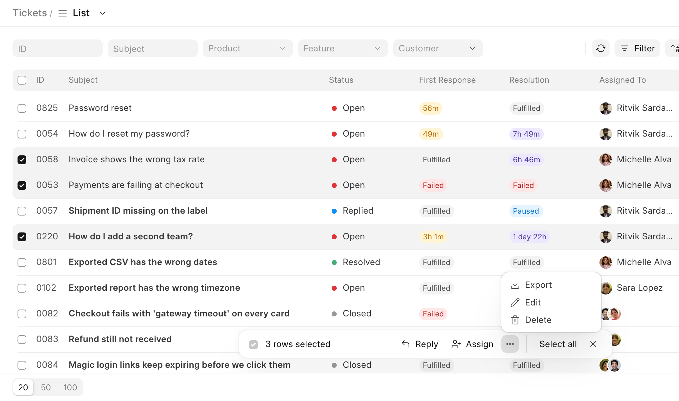 Three tickets selected in the Frappe Helpdesk ticket list, with Reply, Assign, Export, Edit and Delete
