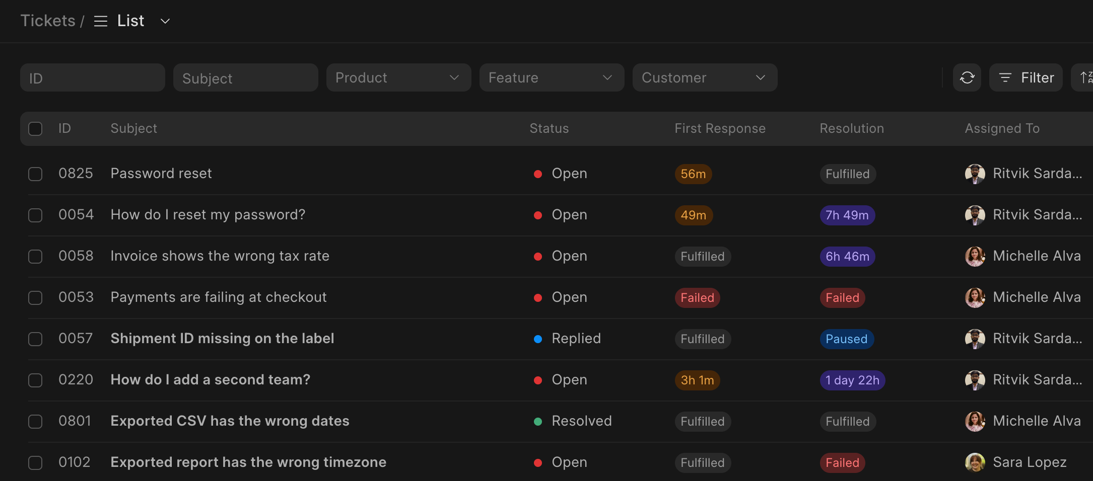Ticket list in Frappe Helpdesk with status, SLA and assignee columns