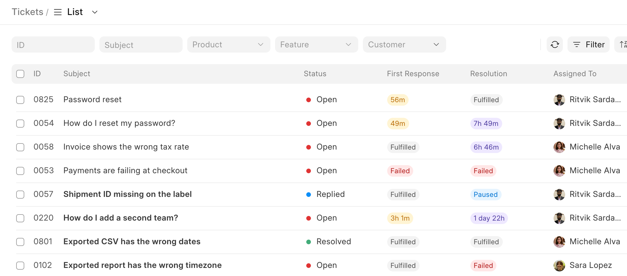 Ticket list in Frappe Helpdesk with status, SLA and assignee columns
