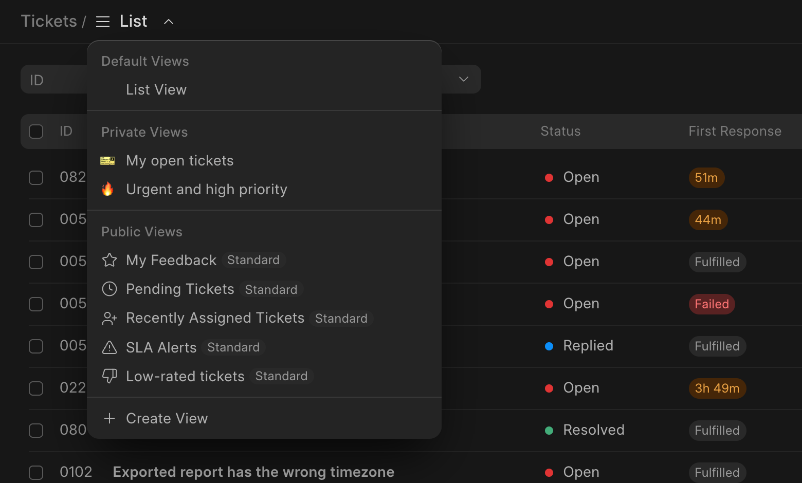 Views menu in Frappe Helpdesk with private views and public views