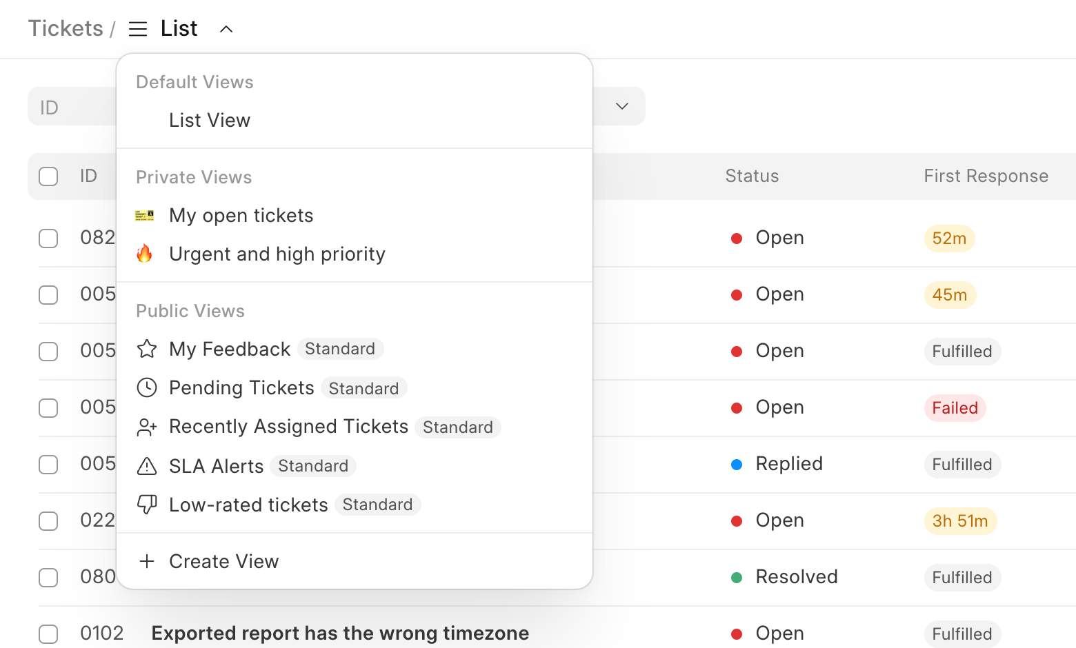 Views menu in Frappe Helpdesk with private views and public views