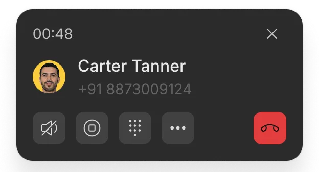 Product UI image featuring a call modal in dark mode