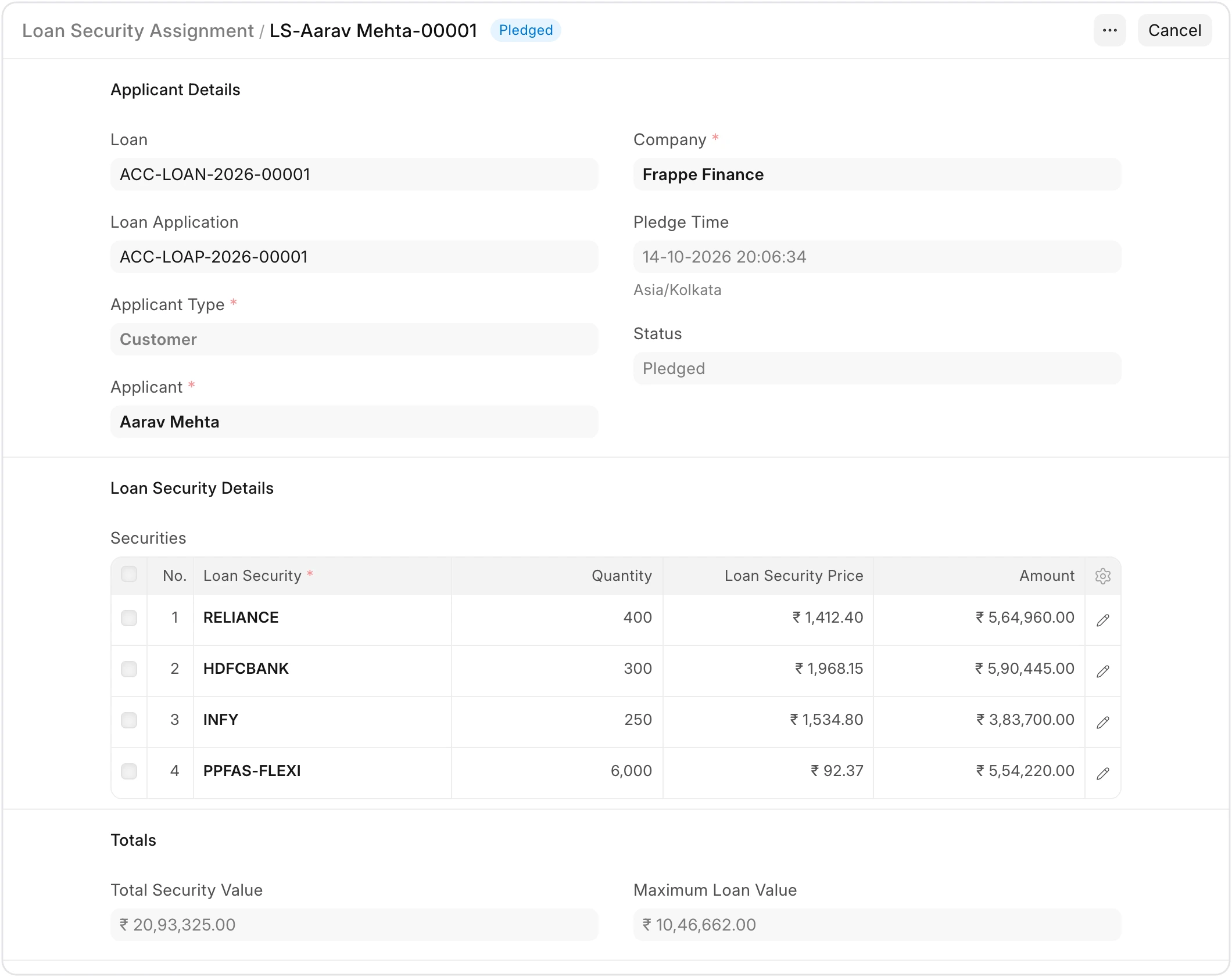 Loan Security Assignment with pledged securities and maximum loan value