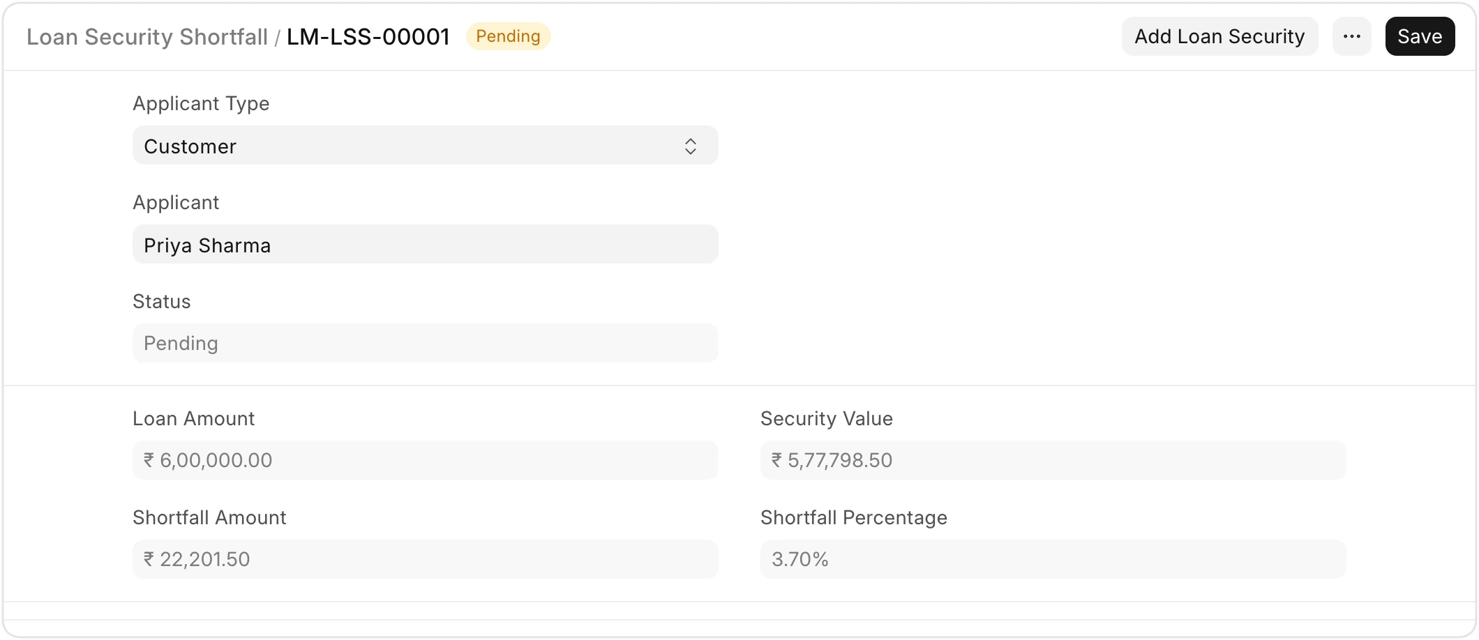Loan Security Shortfall showing shortfall amount and percentage