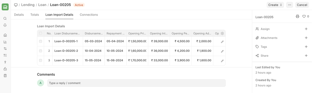 Loan Import details — disbursements and outstanding amounts as of migration date