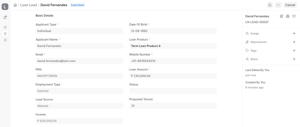 Loan Lead capturing individual and business applicant details