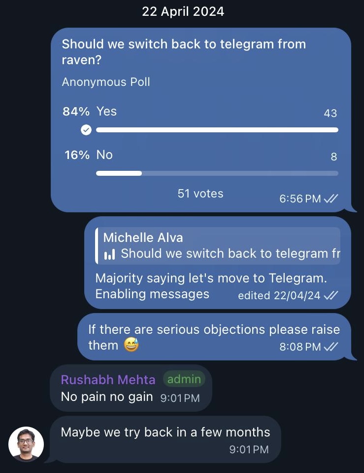 Telegram poll: Should we switch back to telegram from raven? 84% Yes, 43 votes. 16% No, 8 votes.