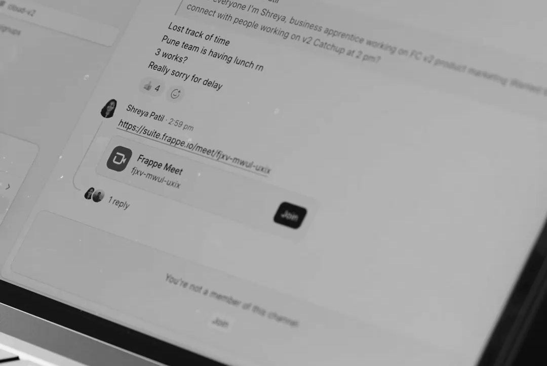 A Raven thread with a shared Frappe Mail link on a laptop
