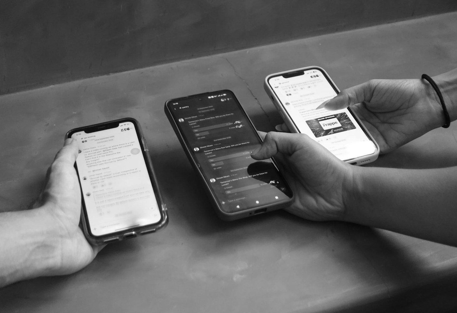 Three people using Raven on three phones: a work thread, a lunch poll in dark mode, and a celebration in #general