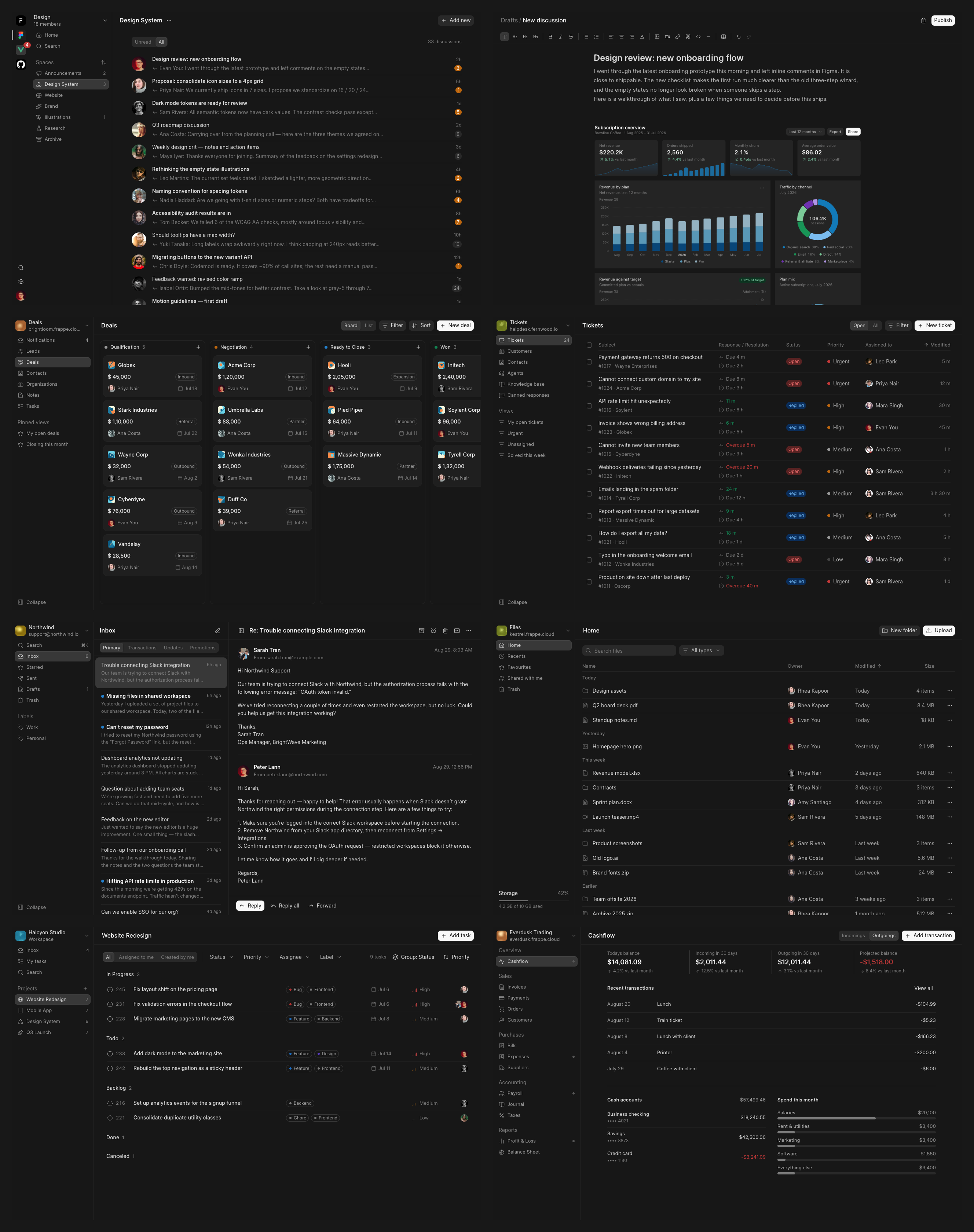 All eight recipes. Discussions, compose, deals, tickets, mail, files, tasks, accounting.