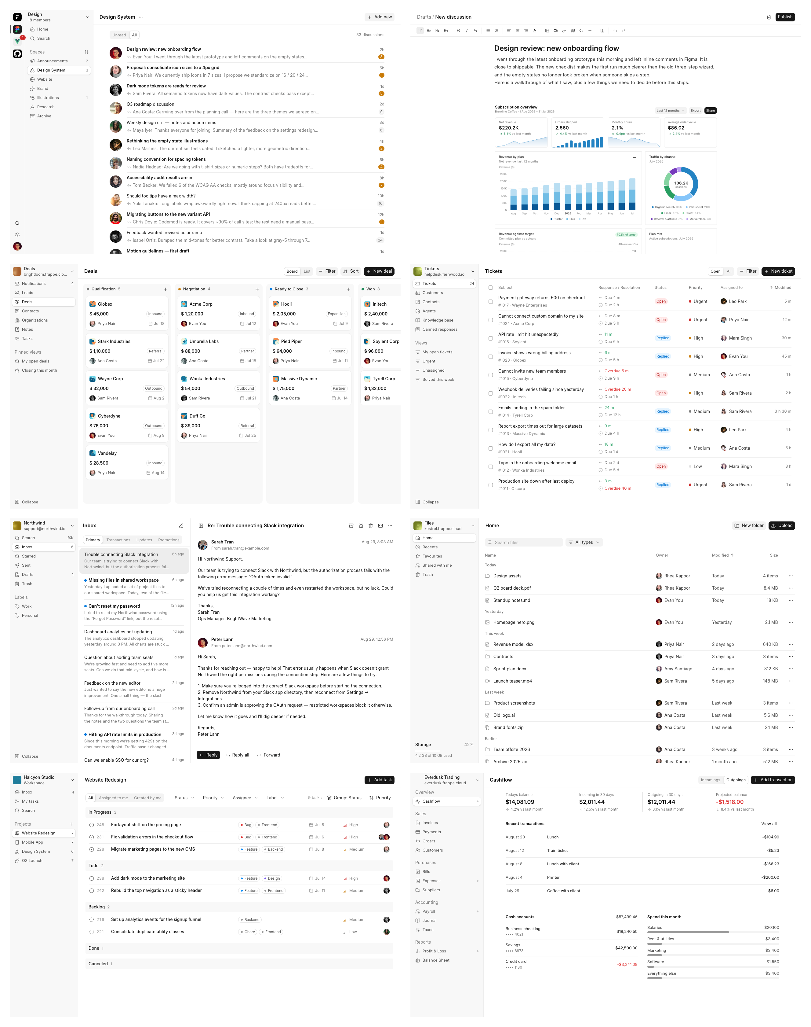 All eight recipes. Discussions, compose, deals, tickets, mail, files, tasks, accounting.